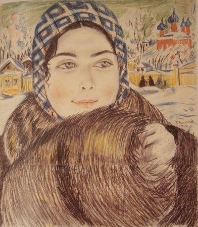 Die Frau eines jungen Kaufmanns mit kariertem Schal, 1919 von Boris Mikhailovich Kustodiev