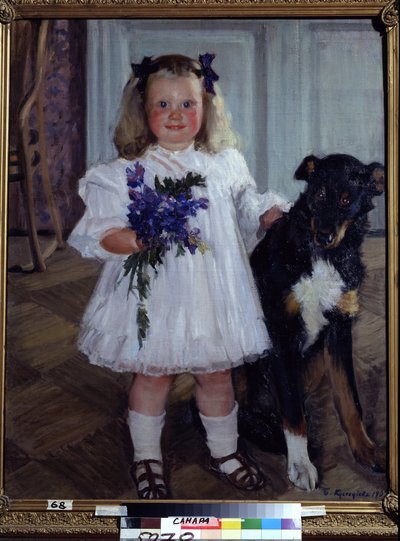Porträt der Tochter Irina mit dem Hund Schumka von Boris Mikhailovich Kustodiev
