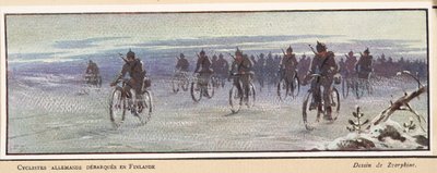 Deutsche Radfahrer kommen in Finnland an; aus Histoire des Soviets, veröffentlicht 1922 von Boris Vasilievich Zvorykin