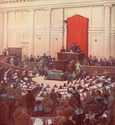 Die einzige Sitzung der russischen Verfassunggebenden Versammlung in Petrograd nach der Oktoberrevolution von Boris Vasilievich Zvorykin