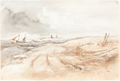 Küstenlandschaft mit Booten in unruhigem Wasser von British 19th Century