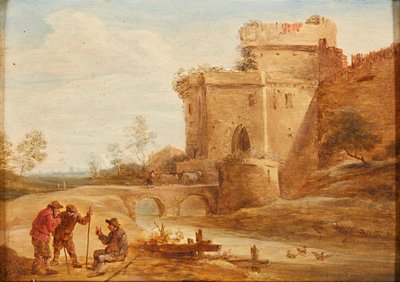 Klassische Landschaft mit Figuren und Tieren auf einem Pfad von British School