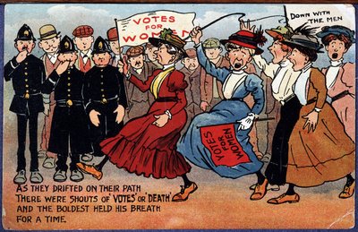 Demonstration der englischen Suffragetten - Karikatur-Postkarte von British School