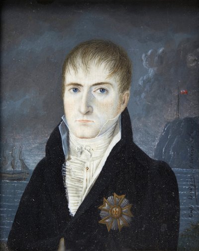 Kaiser auf der Insel St. Helena - Porträt von Kaiser Napoleon I. mit nacktem Kopf, in schwarzer Kleidung, mit dem Abzeichen des Großadlers des Ordens der Ehrenlegion - Porträt von Napoleon Bonaparte auf der Insel St. Helena von Captain Dodgin (aktiv) von British School