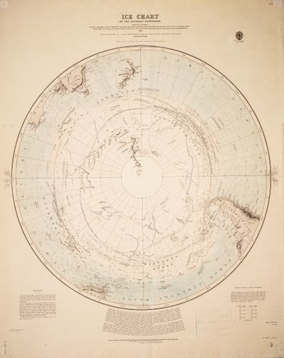 Eiskarte der südlichen Hemisphäre, zusammengestellt aus den Reisen von Cook 1772-5, Bellingshausen 1819-21... und Shackleton 1908-9 von British School