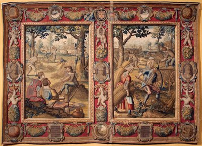 Juli und August: „landwirtschaftliche Arbeiten und Ernten“ Wandteppich der Manufakturen von Mortlake. 17. Jahrhundert Genua, Musei di Strada Nuova von British School