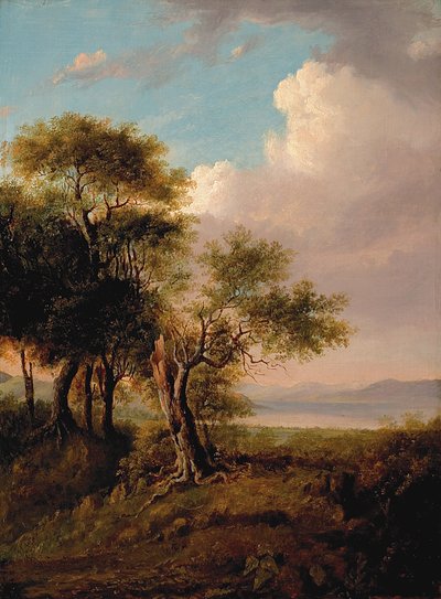 Landschaft, Bäume im Vordergrund, See und Hügel in der Ferne von British School