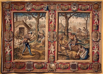 November und Dezember: landwirtschaftliche Arbeit und Schweineschlachtung, Tapisserie der Mortlake-Manufakturen, 17. Jahrhundert, Genua, Musei di Strada Nuova von British School