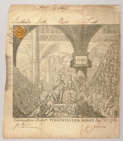 Ticket für die Krönungszeremonie von George III in der Westminster Abbey, graviert von George Bickham, 22. September 1761 von British School