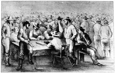 Glücksspiel in den Minen, Monte, Kalifornien, 19. Jahrhundert von Britton and Rey