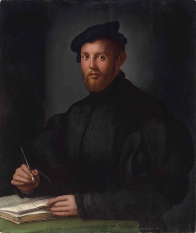 Porträt eines jungen Mannes in Schwarz mit einem Buch von Bronzino