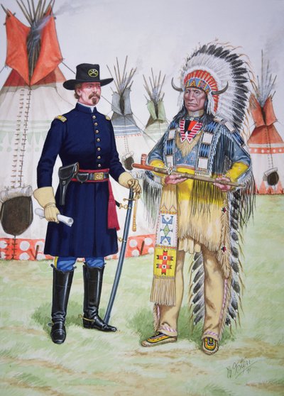 Häuptling Red Cloud der Oglala Sioux bietet einem Offizier des 5. US-Kavallerieregiments die Friedenspfeife an, bei der Unterzeichnung des Fort Laramie Vertrags von 1868, aus einer Serie von sechs Tableaus von Bryan Fosten