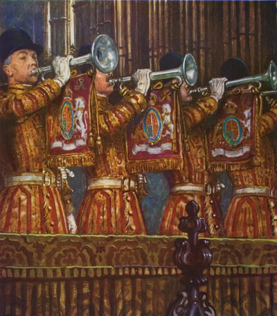 Trompeter der Household Cavalry, die ein Fanfare blasen von Byam (after) Shaw