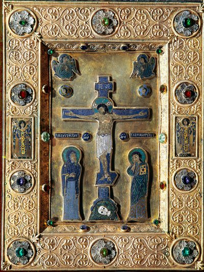 Evangelium aus Gold und Emaille, verziert mit Goldblättern und Filigrankreuz, das die Jungfrau und den Heiligen Johannes darstellt. 12.-13. Jahrhundert. Venedig, Schatz von San Marco von Byzantine