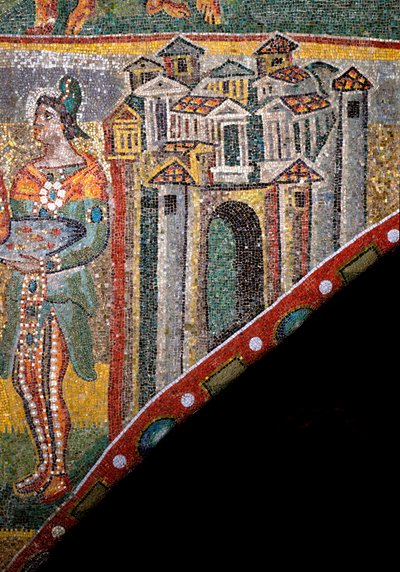 Christliche Kunst: „Anbetung der Heiligen Drei Könige“. Detail der Landschaft. Mosaik des 5. Jahrhunderts. Triumphbogen, Basilika Santa Maria Maggiore, Rom. von Byzantine