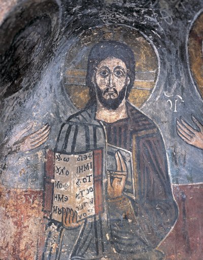 Nahaufnahme eines Freskos eines Pantokrators, Christus Pantokrator, Zoupena, Sparta, Peloponnes, Griechenland von Byzantine