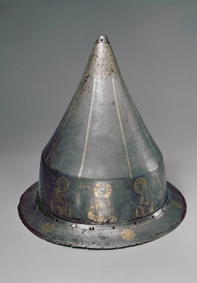 Helm mit der Deesis (Stahl mit Gold- und Silbereinlage) von Byzantine