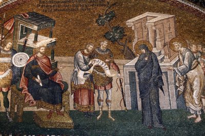 Maria und Joseph vor Cyremius zur Einschreibung für die Besteuerung, mit einem Wächter, einem Schreiber und einem Offizier, ca. 14. Jahrhundert (Mosaik) von Byzantine