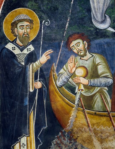 Der heilige Nikolaus rettet Pilger vor dem Schiffbruch, Detail aus den Geschichten des heiligen Nikolaus, romanisches Fresko, byzantinischer Stil, spätes 11. Jahrhundert, Kapelle des Heiligen Eldrad und des Heiligen Nikolaus, Abtei von Novalesa, Piemont, I von Byzantine