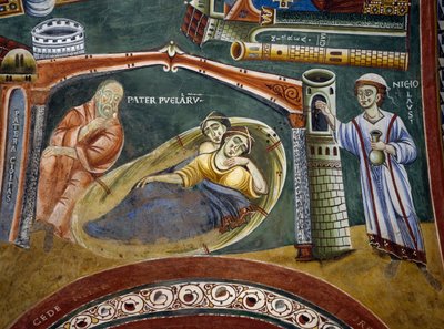 Heiliger Nikolaus rettet reichen Kaufmann, der in Armut gefallen ist, und bezahlt die Mitgift seiner Töchter, Detail aus den Geschichten des Heiligen Nikolaus, Romanisches Fresko, Byzantinischer Stil, spätes 11. Jahrhundert, Kapelle des Heiligen Eldrad und von Byzantine