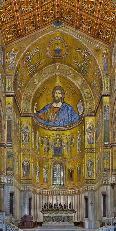 Ansicht der Apsis mit den byzantinischen Mosaiken, ausgeführt zwischen dem zwölften und Mitte des dreizehnten Jahrhunderts, teils von lokalen und teils von venezianischen Arbeitern, einschließlich des berühmten Christus Pantokrator von Byzantine