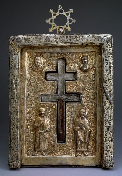 Vergoldetes Silber-Staurothek-Kreuz-Reliquiar, Byzantinisch, 12. Jahrhundert von Byzantine Byzantine