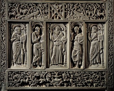 Byzantinische Kunst: „Johannes der Täufer und die vier Evangelisten“ unteres Detail des Bischofsstuhls von Ravenna Maximien (546-554) Bischofsthron (Kathedra) aus Elfenbein, wahrscheinlich in Konstantinopel hergestellt. Ravenna, Museo Arcivescovile von Byzantine School