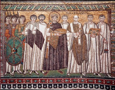 Kaiser Justinian I und sein Gefolge von Beamten, Wachen und Klerikern, um 547 n. Chr. (Mosaik) von Byzantine School