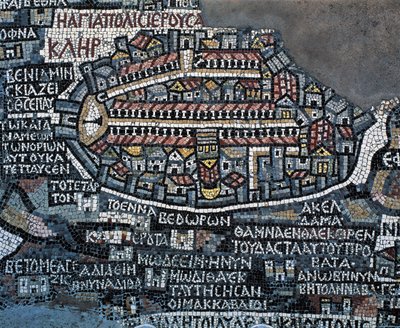 Madaba-Mosaikkarte (Karte des Heiligen Landes), 560, Mosaik in der griechisch-orthodoxen Basilika St. Georg, Madaba, Jordanien, byzantinische Zivilisation, 6. Jahrhundert von Byzantine School