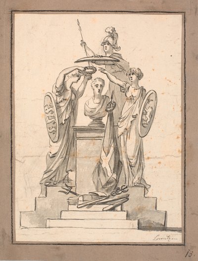 Eine Büste (Fr. VI?) wird von drei Frauen mit Wappenschilden bekränzt von C.A. Lorentzen