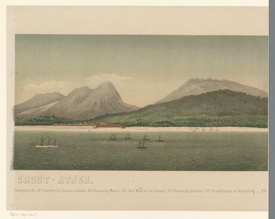 Ansicht der Küste von Groß-Atjeh, mit der Flotte der Ersten Atjeh-Expedition vor der Küste von C.A. Whitten