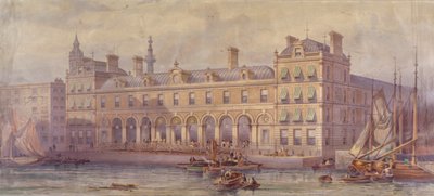 Ansicht des Billingsgate-Marktes mit Figuren und Booten im Vordergrund, London, 1877 von CF Kell
