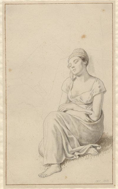 Eine Frau, die an einen Steinblock gelehnt sitzt und schläft. von Christoffer Wilhelm Eckersberg