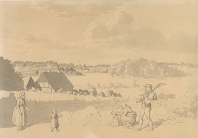 Landschaft mit einem See, umgeben von Wald und Feldern, im Vordergrund Bauern, die mit einem kleinen Kind spielen von Christoffer Wilhelm Eckersberg