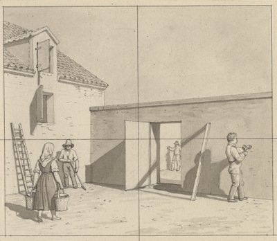 Linearperspektiven, angewendet auf die Malerei - Entwurf für nicht verwendete Illustration - Dänischer Hof mit vier Bauern und Handwerkern von Christoffer Wilhelm Eckersberg