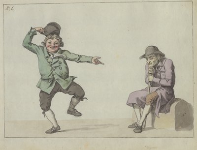 Satirisches Blatt; ein Mann springt und lacht, während er auf einen sitzenden alten Mann zeigt von Christoffer Wilhelm Eckersberg