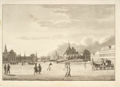 Schlossplatz in Kopenhagen mit Holmens Kirche, Börse, der nun verschwundenen Bank und Kanzleigebäude ("Das rote Gebäude") von Christoffer Wilhelm Eckersberg