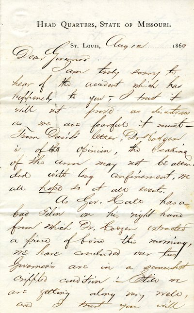 Brief unterschrieben C.C. Bailey, Hauptquartier, Staat Missouri, St. Louis, an Gouverneur [Hamilton R. Gamble], 12. August 1863 von C. C. Bailey