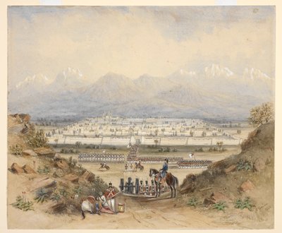 Ein General, der Kavallerie und Infanterie überprüft, die im Begriff sind, eine ummauerte Stadt in bergigem Land zu betreten, vielleicht Kandahar (N.W.F.P.). 1843, nach einer früheren Skizze. von C. Graham