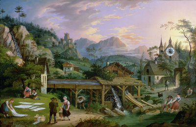 Bilduhr mit Szene eines alpinen Dorfes mit Uhrwerk im Kirchturm, 1833 von C. L. Hoffmeister