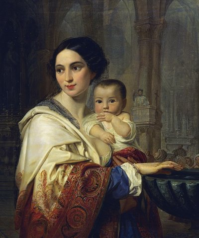 Mutter mit Kind auf dem Arm, das Weihwasser schöpft von Camilla Guiscardi