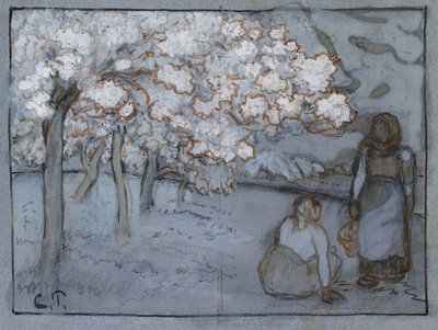Kompositionsstudie von zwei weiblichen Bauern, die sich in einem Obstgarten unterhalten, ca. 1894 von Camille Jacob Pissarro