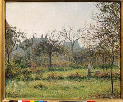 Frau in einem Obstgarten, Herbstmorgen, Garten von Eragny. Gemälde von Camille Pissarro (1830-1903) 1897 von Camille Jacob Pissarro
