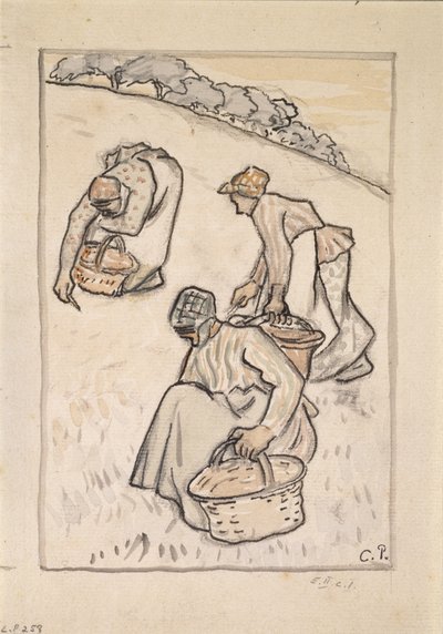 Frauen, die das Gras jäten (Feder und indische Tinte mit Aquarell über Kohle auf Papier) von Camille Jacob Pissarro