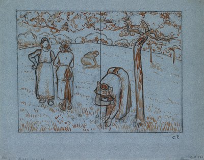 Kompositionsstudie von vier weiblichen Bauern, die in einem Obstgarten arbeiten 