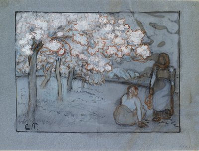Kompositionsstudie von zwei weiblichen Bauern, die sich in einem Obstgarten unterhalten, ca. 1894 von Camille Pissarro
