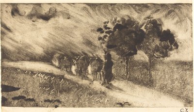 Kühe bei Einbruch der Dämmerung hüten von Camille Pissarro