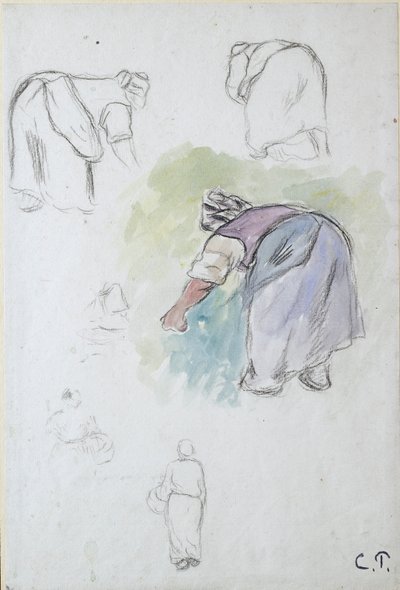 Blatt mit Studien: vier Studien einer sich bückenden Bäuerin und zwei Studien einer Frau, die eine Schale hält von Camille Pissarro
