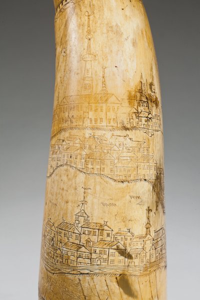 Pulverhorn, graviert mit einer Karte des Sankt-Lorenz-Stroms im Gebiet von Quebec, um 1759 von Canadian School