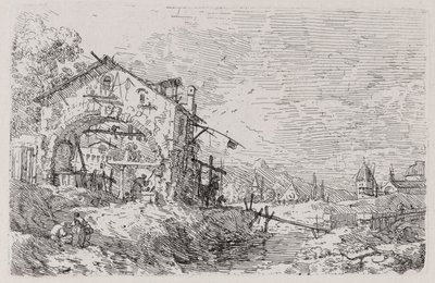 Landschaft mit einer Frau an einem Brunnen, aus der Serie Vedute (Ansichten) von Canaletto (Giovanni Antonio Canal)